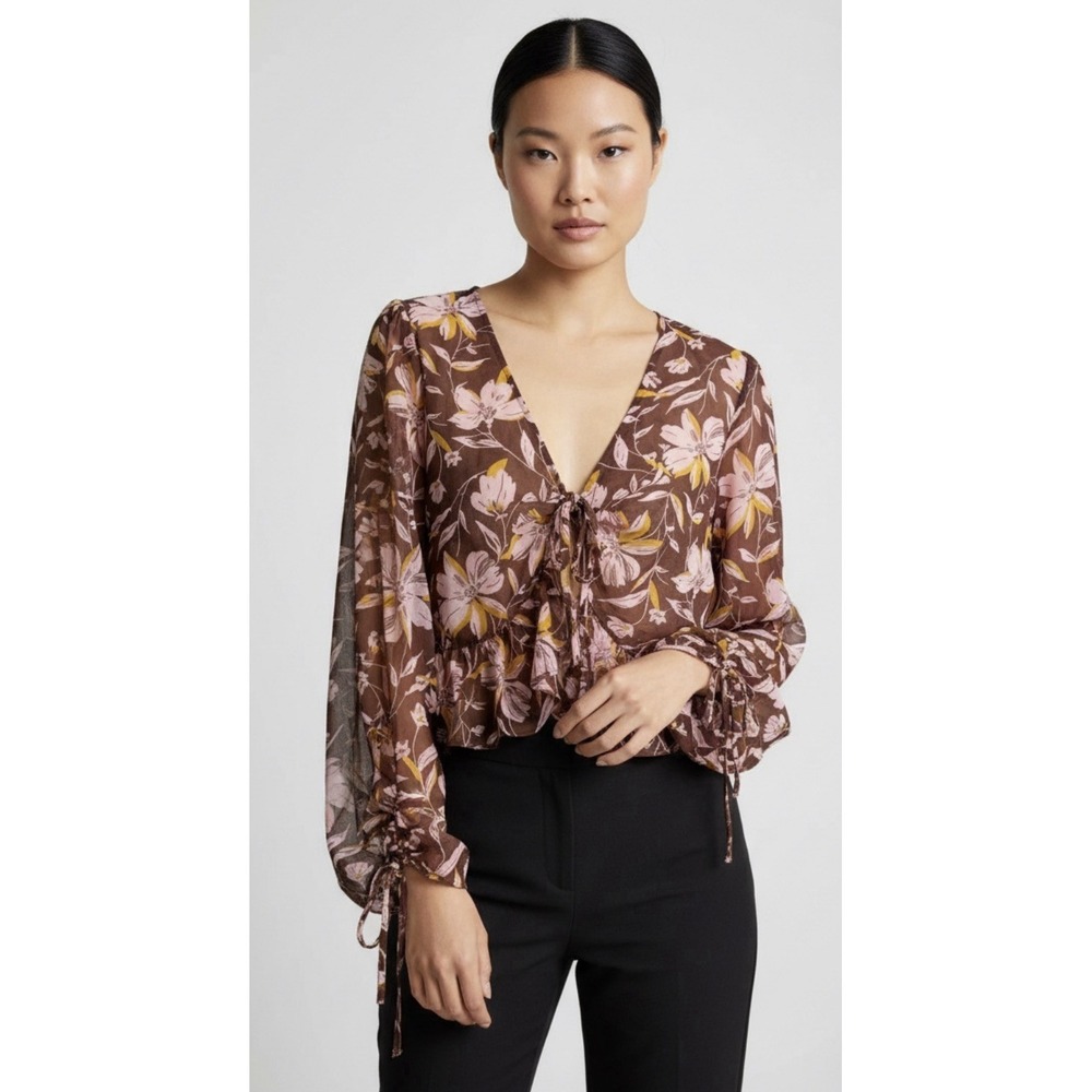 WAYF Pink Floral Sheer Ruffle Blouse Womens Size L Brown Pink Cropped Boho New